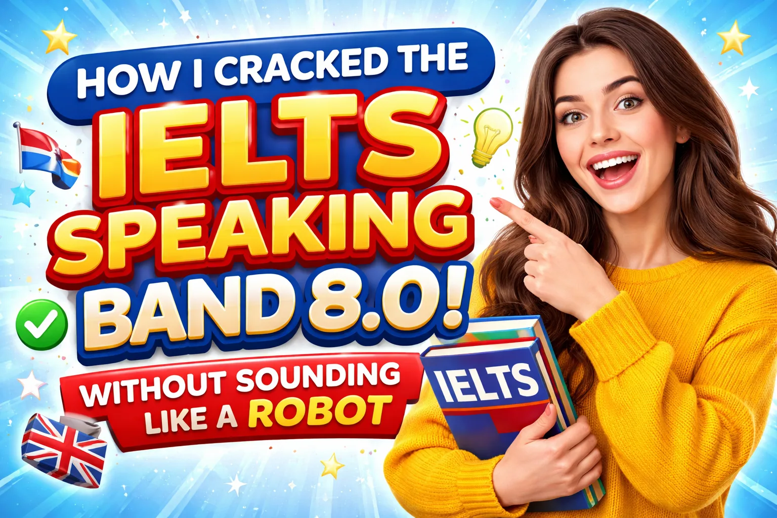 YouTube thumbnail showing a smiling girl pointing at text about IELTS Speaking Band 8.0 tips without sounding like a robot